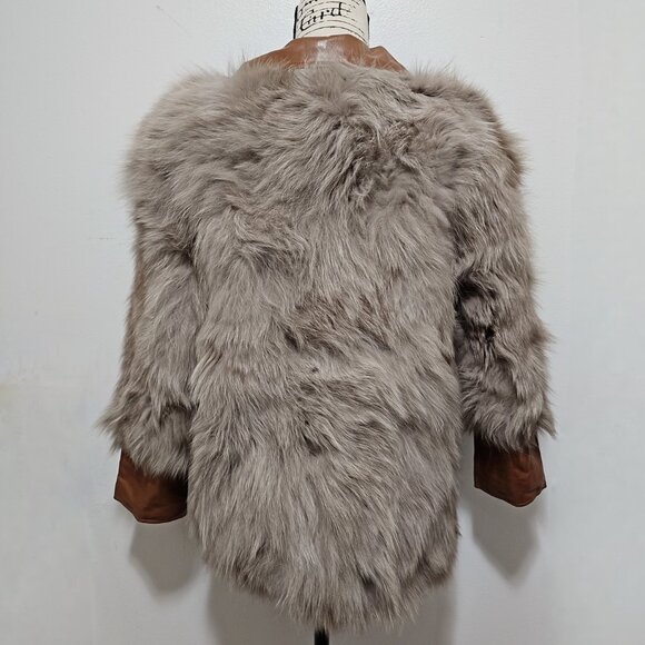 New Real Fox Fur Lamb Leather Jacket Blazer Brown Stone Taupe No Mink - Picture 4 of 5